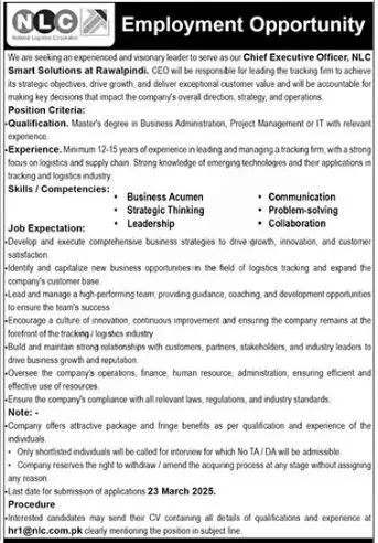 CEO Jobs at National Logistics Corporation in 2025 Advertisement