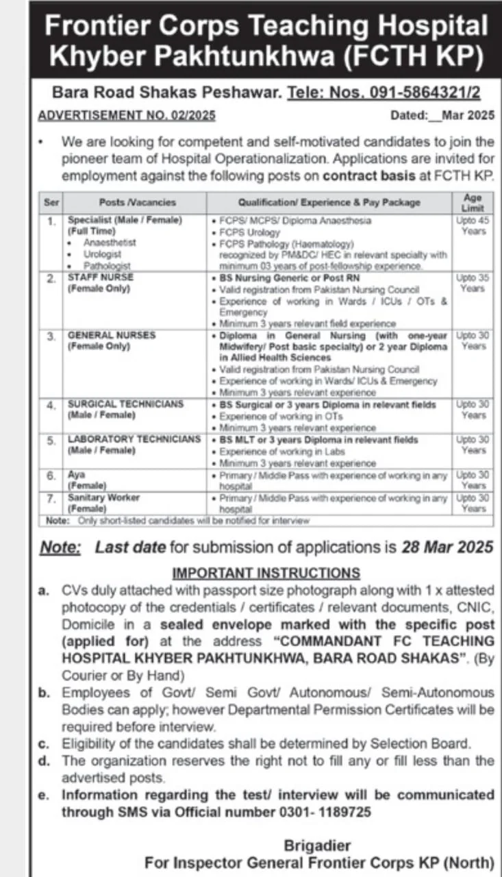 Frontier Corps Teaching Hospital FCTH Jobs 2025 Advertisement