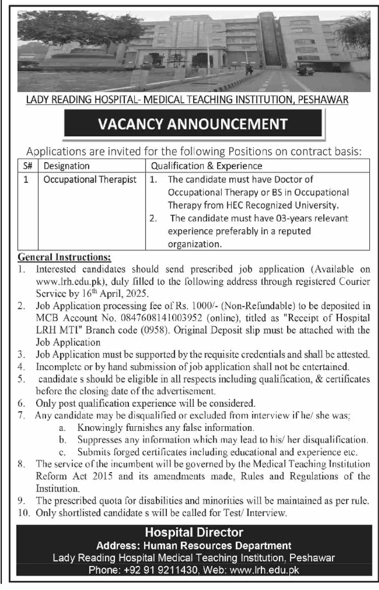Lady Reading Hospital Peshawar LHR Jobs 2025 Today Advertisement