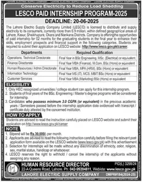 Lahore Electric Supply Company Jobs 2025 Today Advertisement
