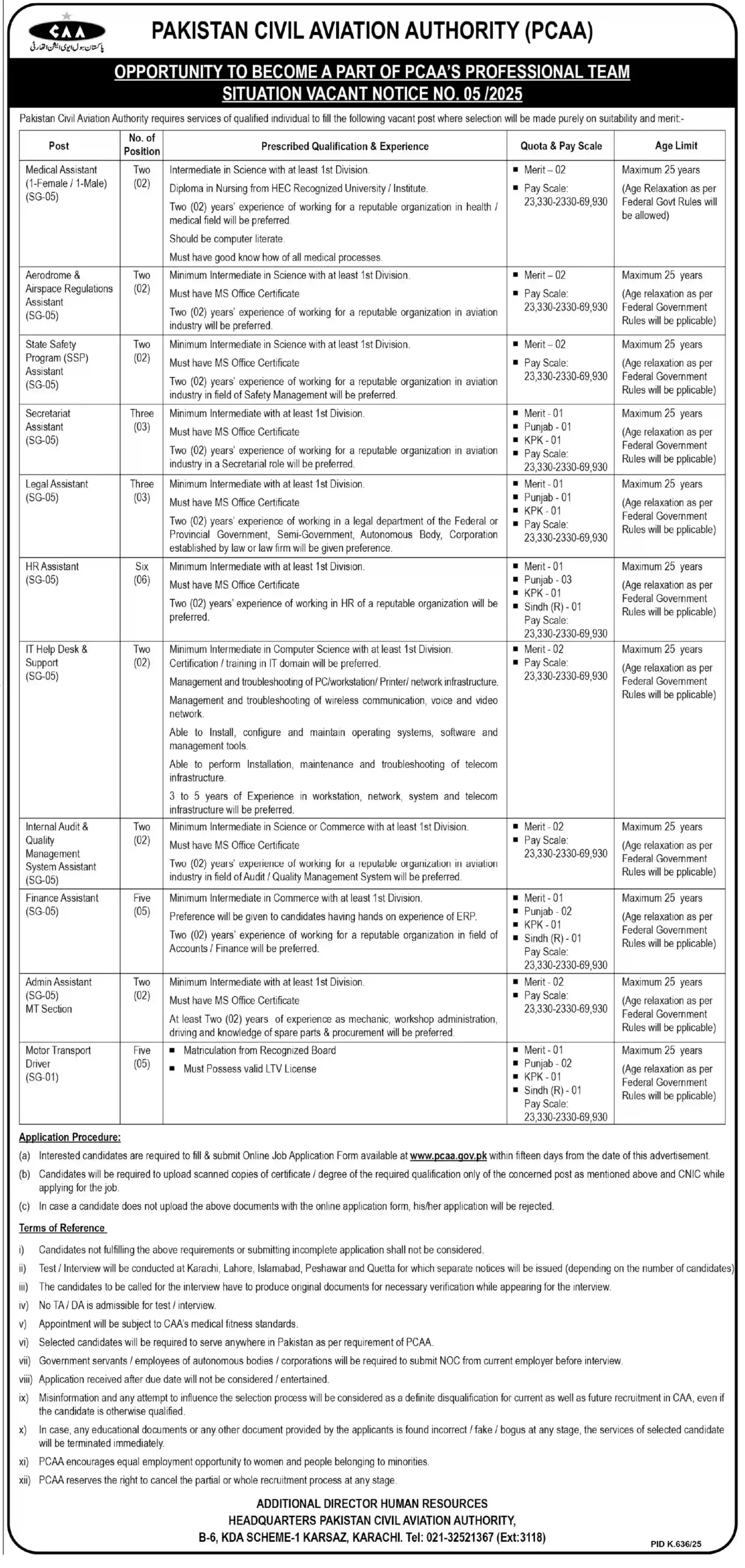  Pakistan Civil Aviation Authority PCAA Karachi Jobs 2025 Latest Advertisement