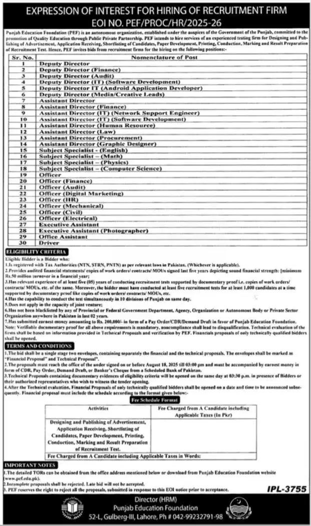Punjab Education Foundation PEF Latest Jobs 2025 Today Advertisements