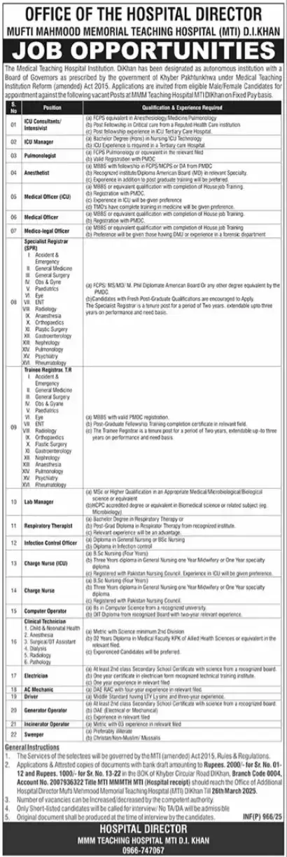 Mufti Mehmood Memorial Teaching Hospital Jobs 2025 Advertisement