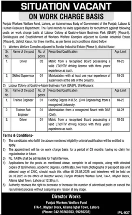 Punjab Workers Welfare Fund Careers 2025 Advertisement