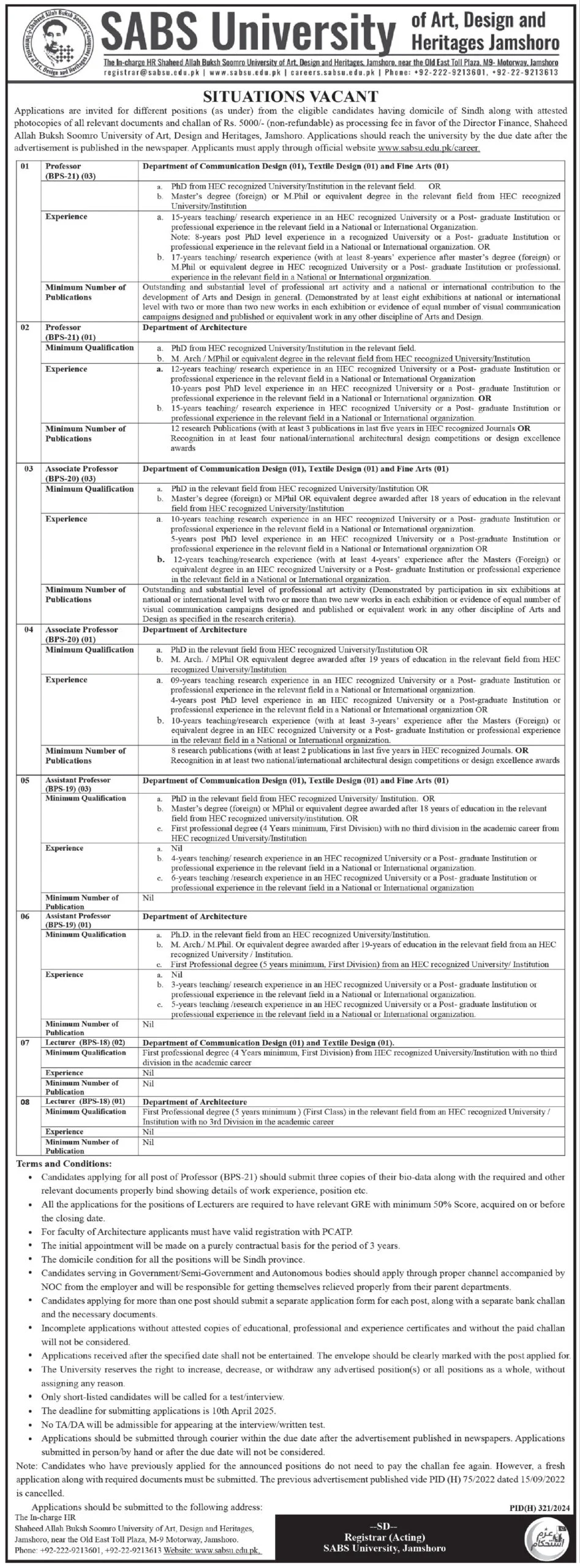 SABS University Jamshoro Jobs 2025 Advertisement