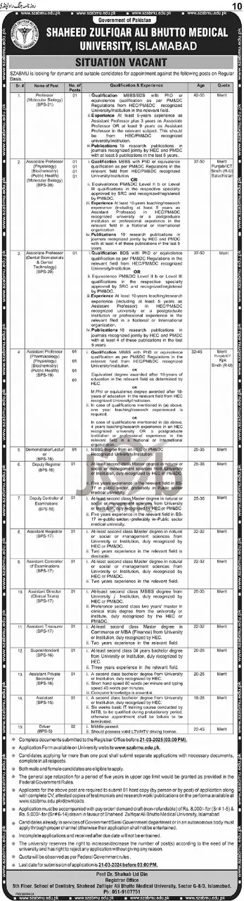 Shaheed Zulfiqar Ali Bhutto Medical University SZABMU Careers 2025 Advertisement