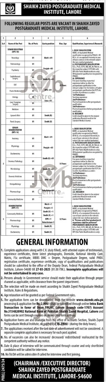 Shaikh Zayed Medical Jobs 2025 Advertisement