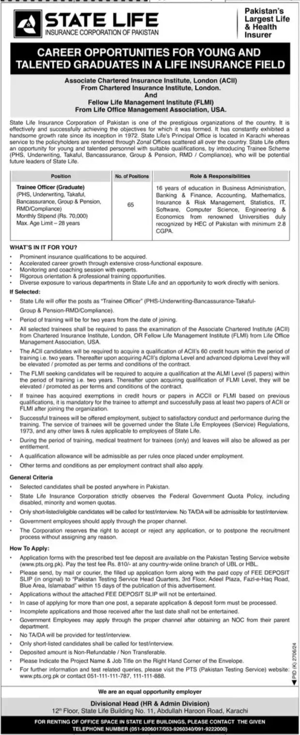 State Life Insurance SLIC Jobs 2025 Advertisement