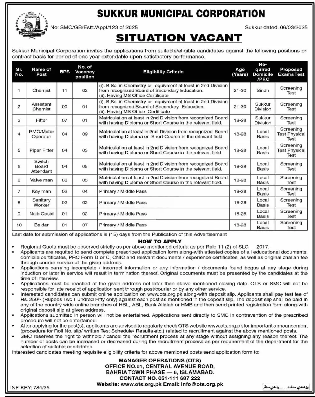 Sukkur Municipal Corporation Jobs 2025 Advertisement