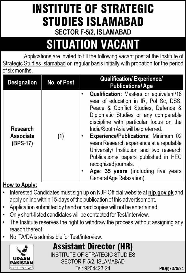 Institute Of Strategic Studies ISSI Islamabad Jobs 2025 Advertisement