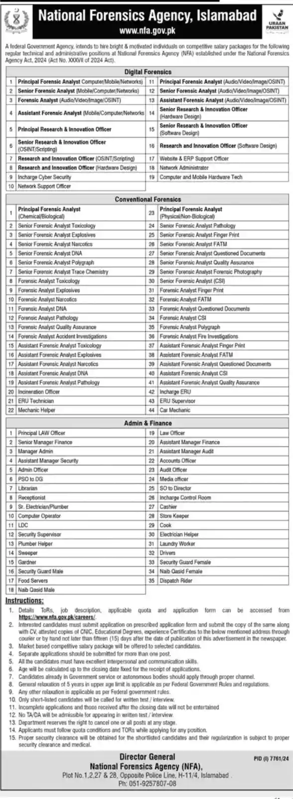 National Forensics Agency NFA Careers 2025 Today Advertisement