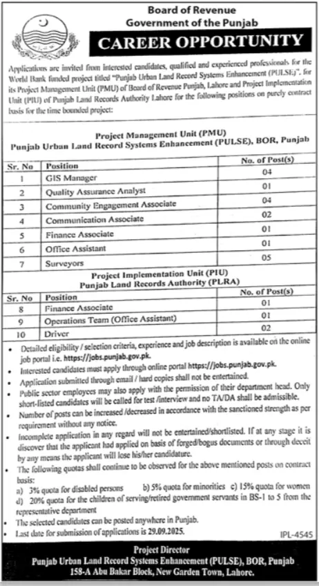 PULSE Board Of Revenue Lahore Jobs 2025 Today Advertisement