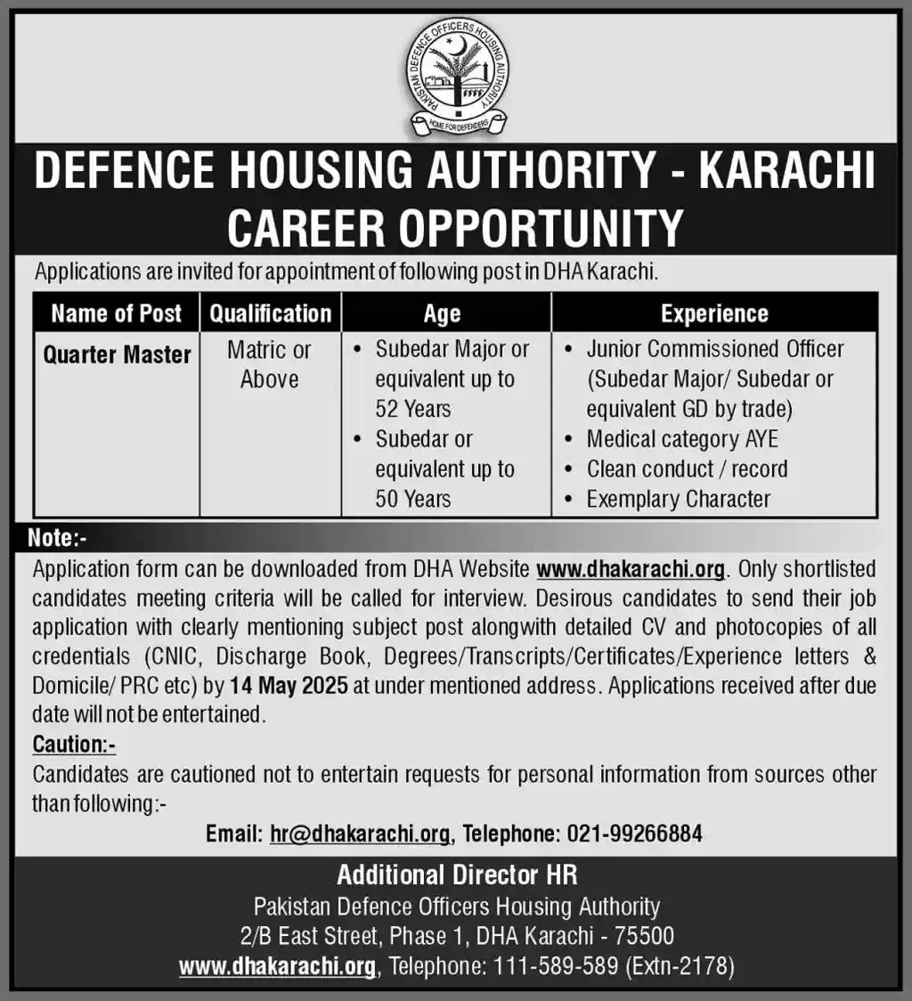 Latest Defence Housing Authority DHA Jobs in Karachi 2025 Today Advertisement