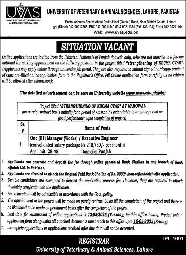 University of Veterinary & Animal Sciences UVAS Jobs 2025 Latest Advertisement