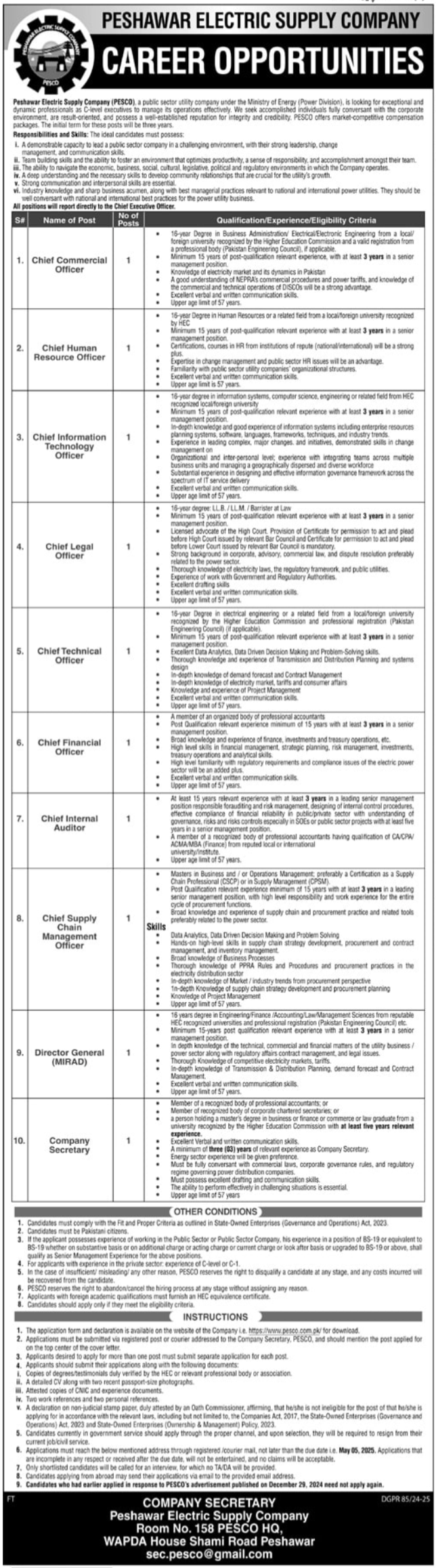 Peshawar Electric Supply Company PESCO Jobs 2025 Advertisement
