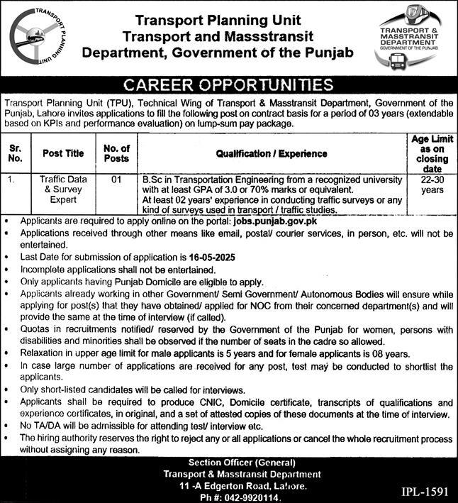 Transport & Mass Transit Department Lahore Jobs 2025 Advertisement