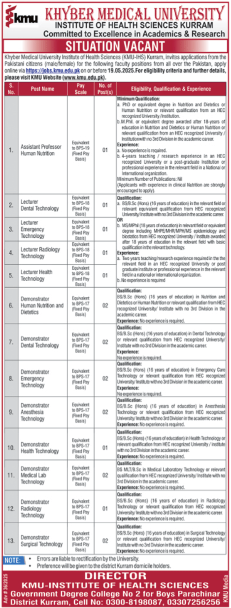 lastest Khyber Medical University KMU Jobs 2025 Advertisement