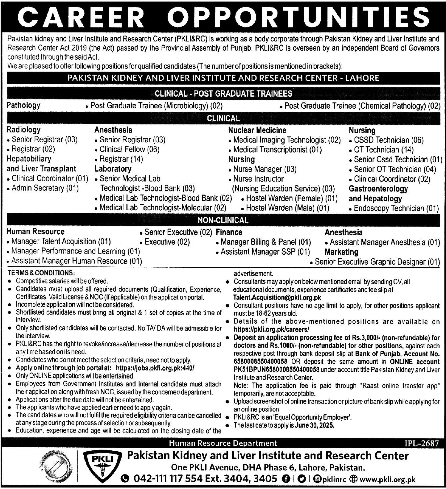 lahore Latest Pakistan Kidney & Liver Institute PKLI Lahore Jobs 2025 Advertisement: