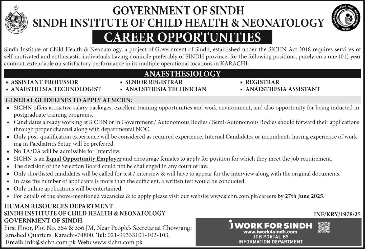 lastest Sindh Institute Of Child Health & Neonatology SICHN Jobs 2025 Advertisement