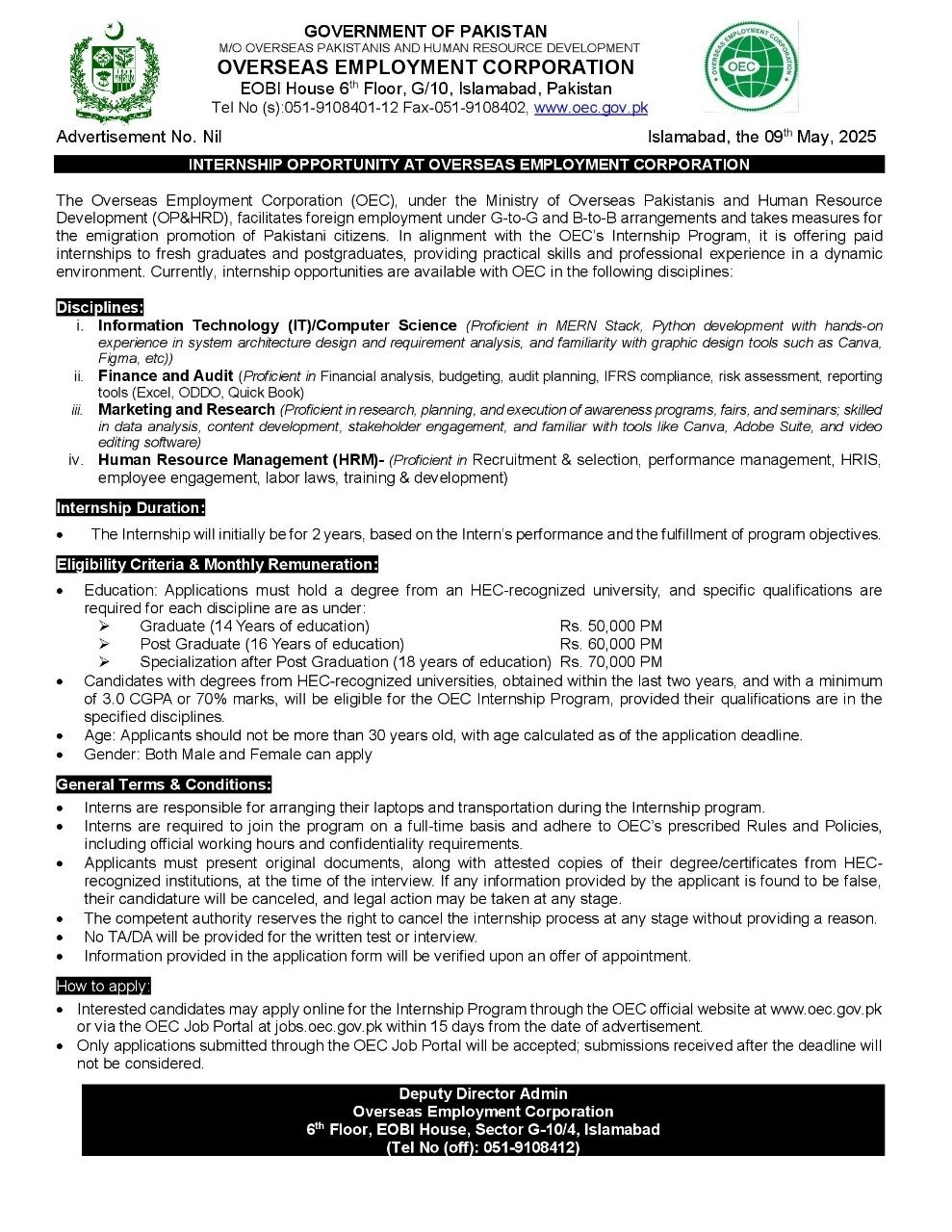 How to Apply for OEC Paid Internship Program 2025 Advertisement