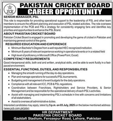 Lahore Pakistan Cricket Board PCB Latest Jobs 2025 Advertisements
