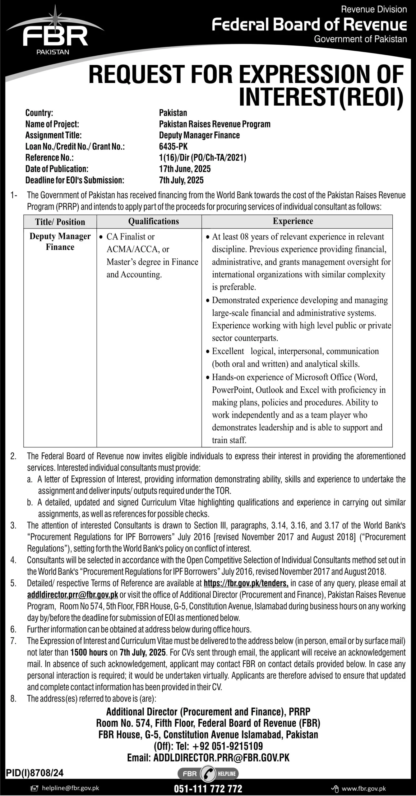 Lastest Federal Board Of Revenue FBR Jobs 2025 Advertisement