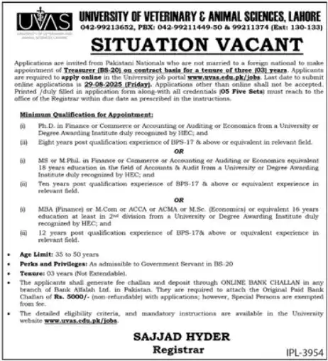 University of Veterinary & Animal Sciences UVAS Jobs 2025 Latest Advertisement