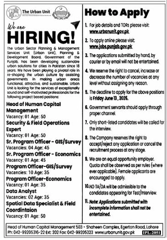 The Urban Unit Lahore Jobs 2025 Today Advertisement
