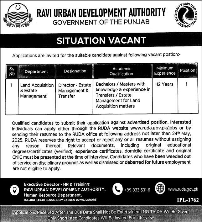 Ravi Urban Development Authority RUDA Lahore Jobs 2025 Advertisement