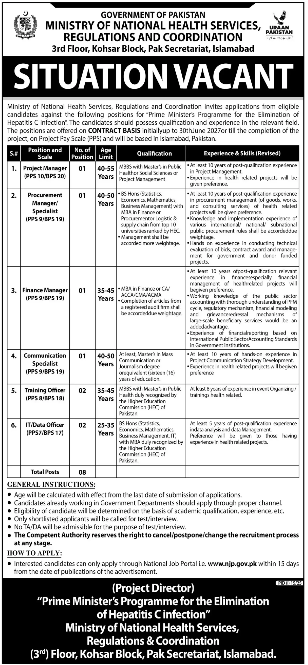 islamabad Ministry of National Health Services Latest Jobs 2025 Advertisements