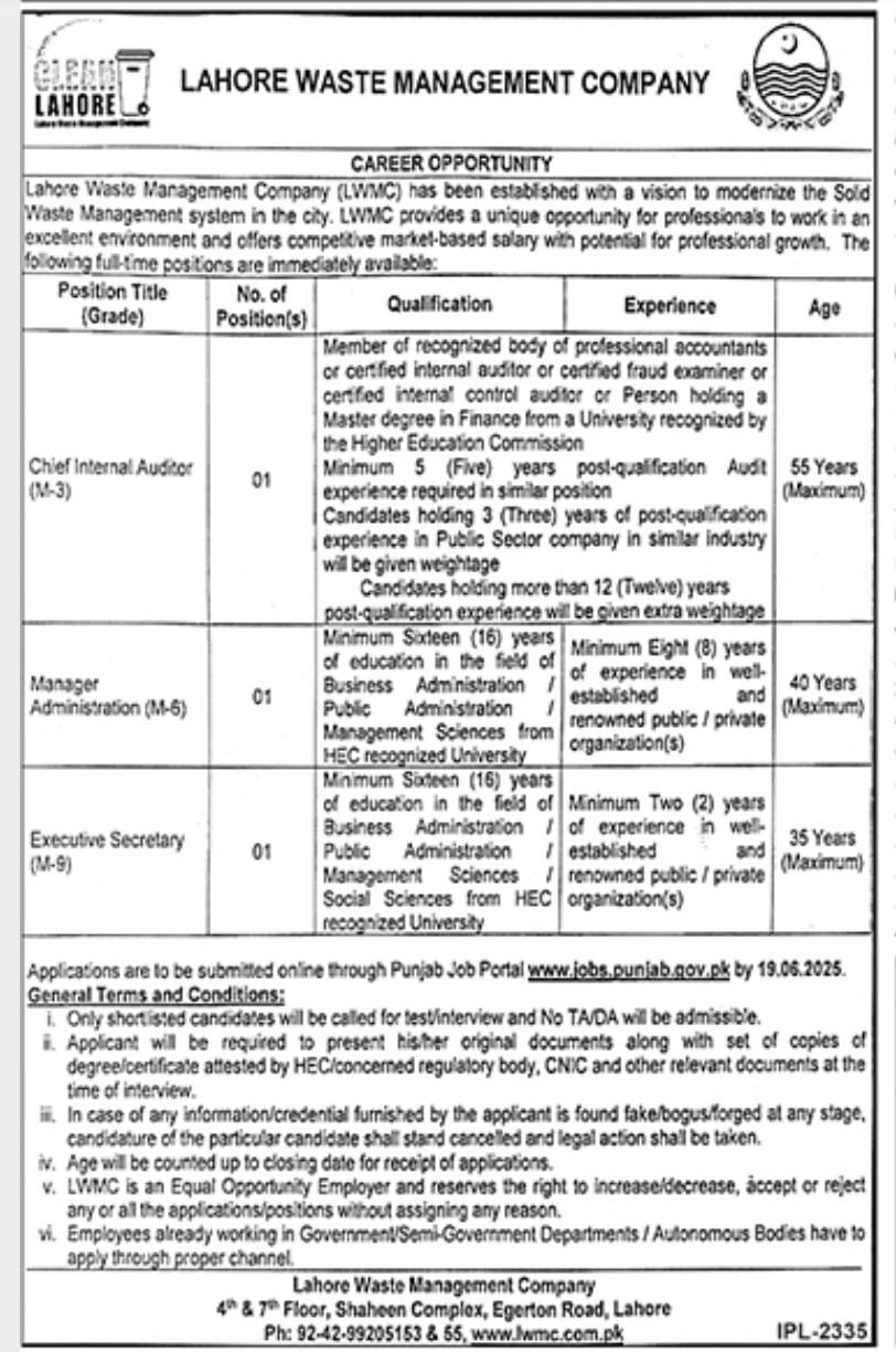 lastest Lahore Waste Management Company Jobs 2025 Advertisement