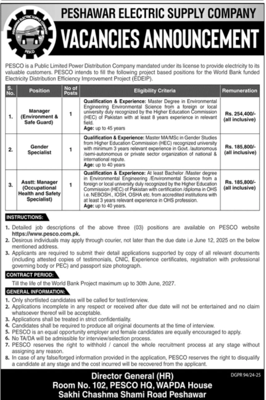 lastest Peshawar Electric Supply Company PESCO Jobs 2025 Advertisement