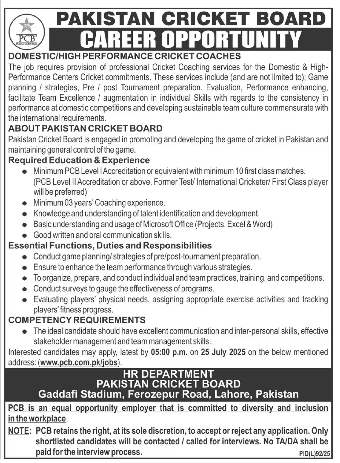  Lastest Pakistan Cricket Board PCB Latest Jobs 2025 Advertisements