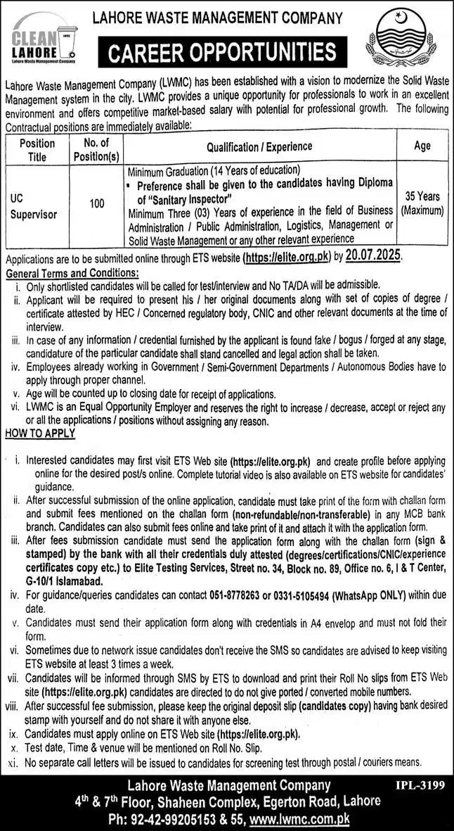 Lahore Waste Management Company LWMC Jobs 2025 Today Advertisement