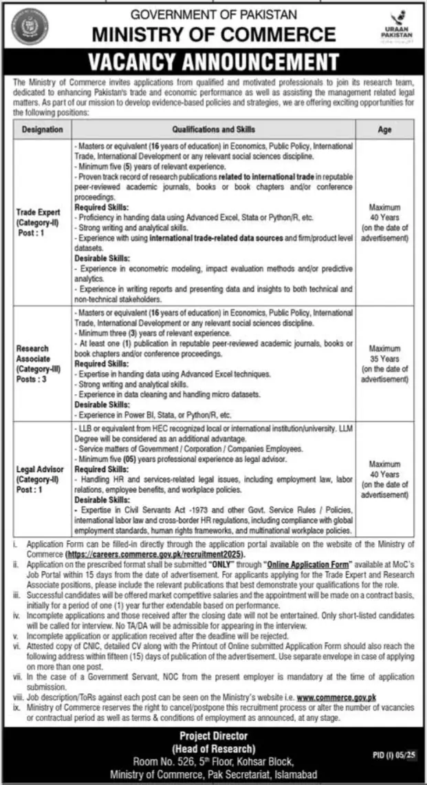 Ministry of Commerce Jobs 2025 Latest Advertisement