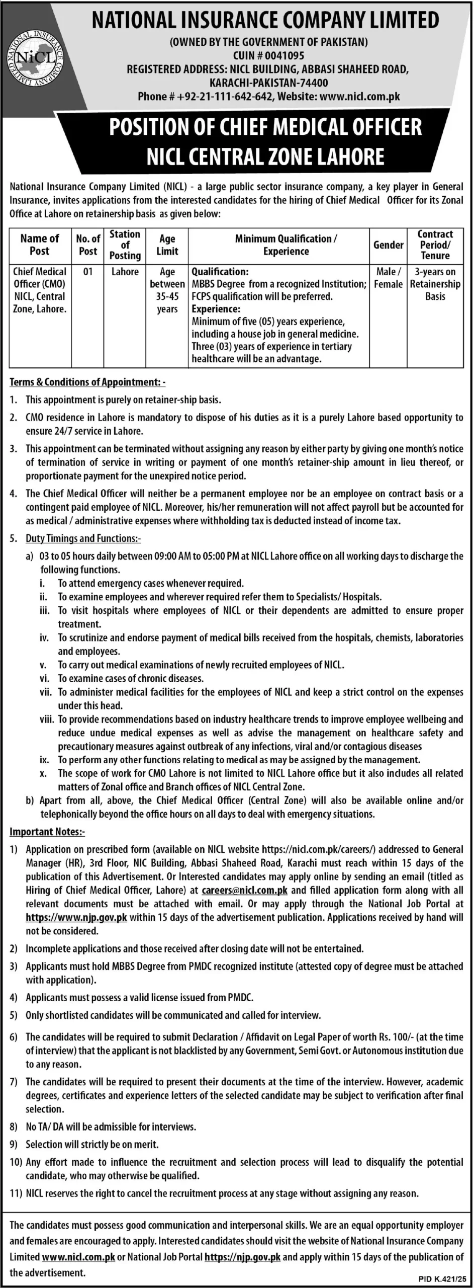 National Insurance Company Limited NICL Karachi Jobs 2025 Today Advertisement