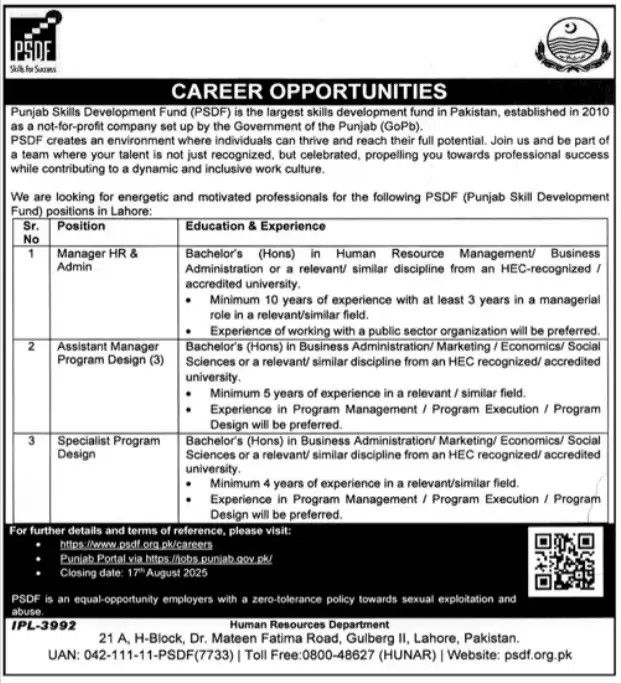 Punjab Skills Development Fund Jobs 2025 Today Advertisement