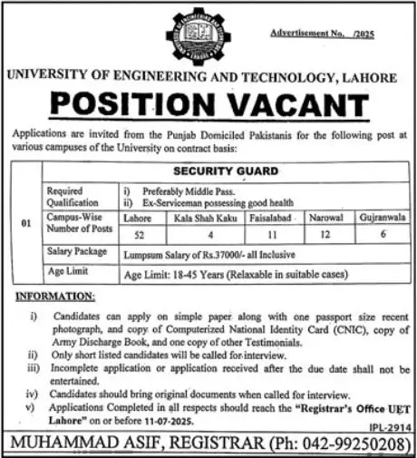 University Of Engineering and Technology UET Lahore Jobs 2025 Latest Advertisement
