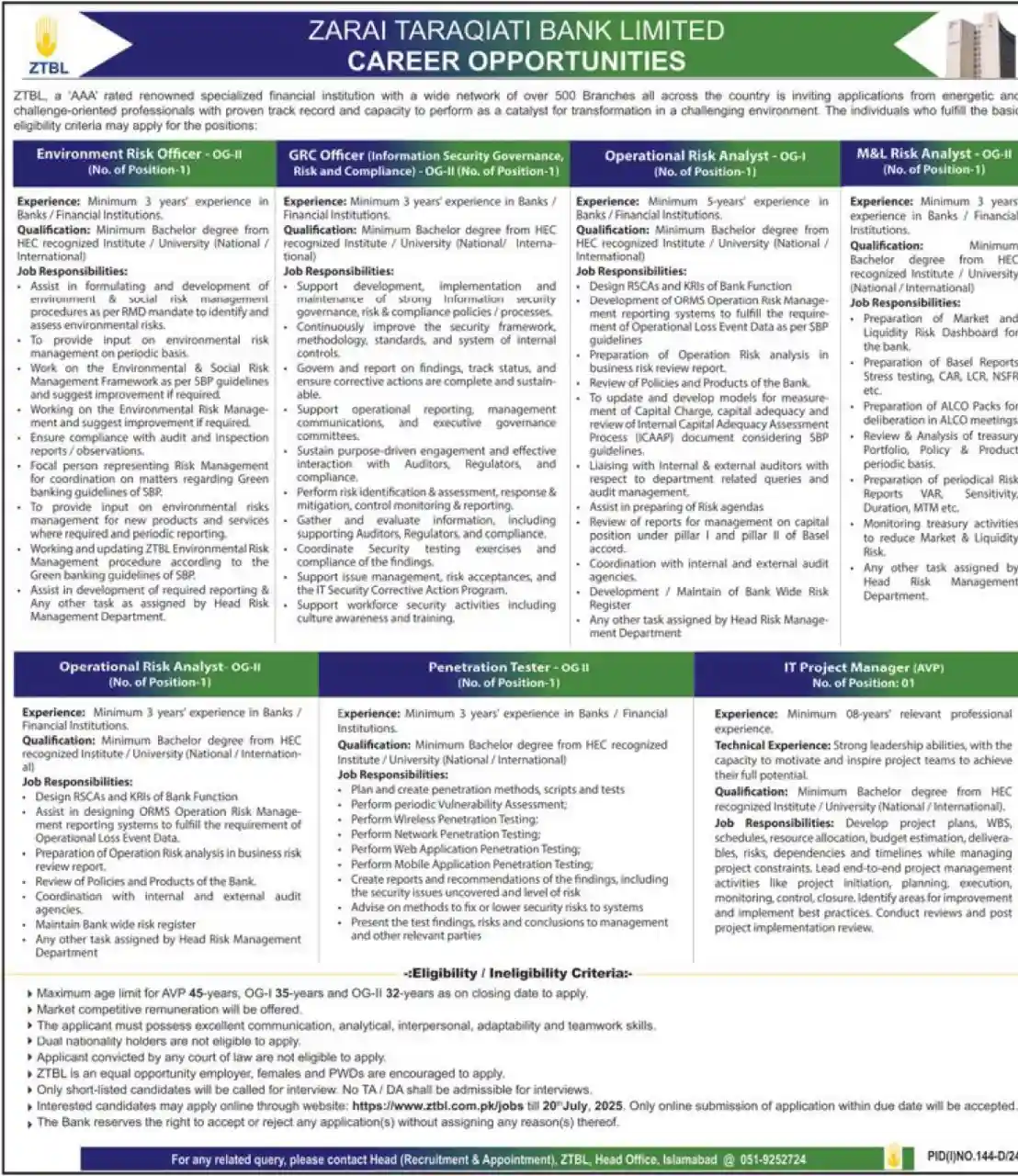 Zarai Taraqiati Bank Limited Careers Online Apply ZTBL Jobs 2025 Advertisement