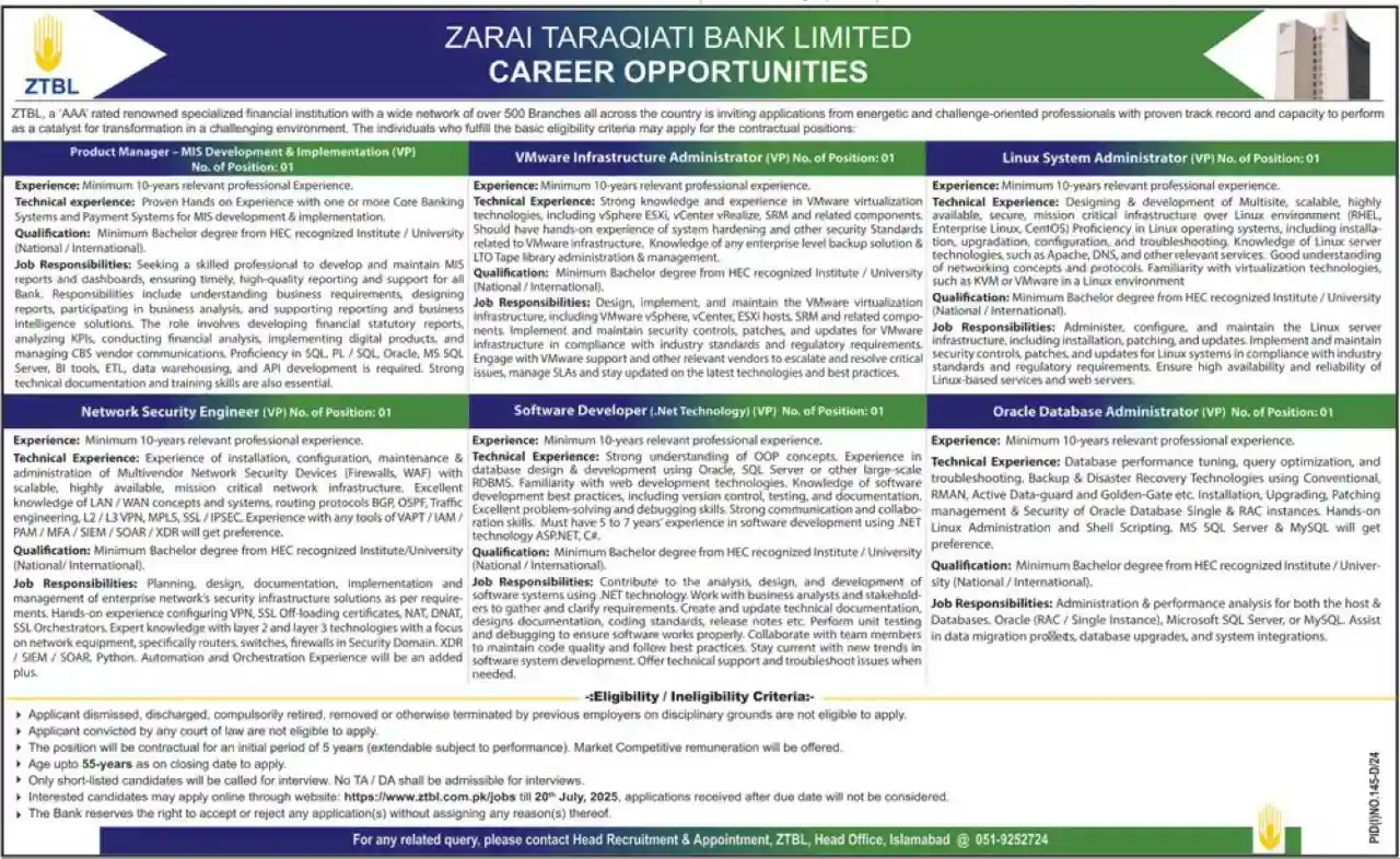 Zarai Taraqiati Bank Limited Careers Online Apply ZTBL Jobs 2025 Advertisement