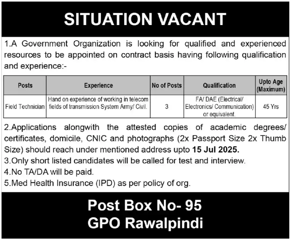 kpk PO Box No 95 GPO Rawalpindi Jobs 2025 Advertisement