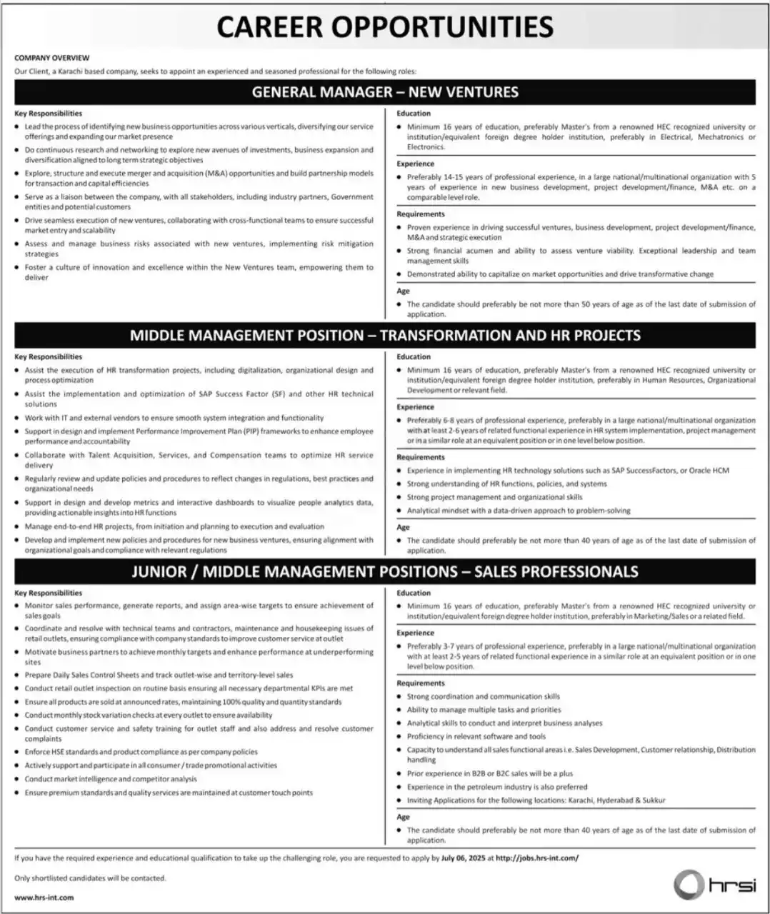 lastest Human Resource Solution International HRSI Jobs 2025 Advertisement