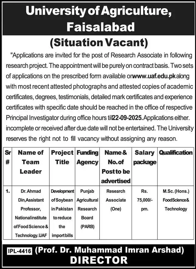 University Of Agriculture UAF Jobs 2025 Today Advertisements