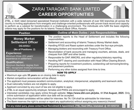 Zarai Taraqiati Bank Limited Careers Online Apply ZTBL Jobs 2025 Today Advertisement
