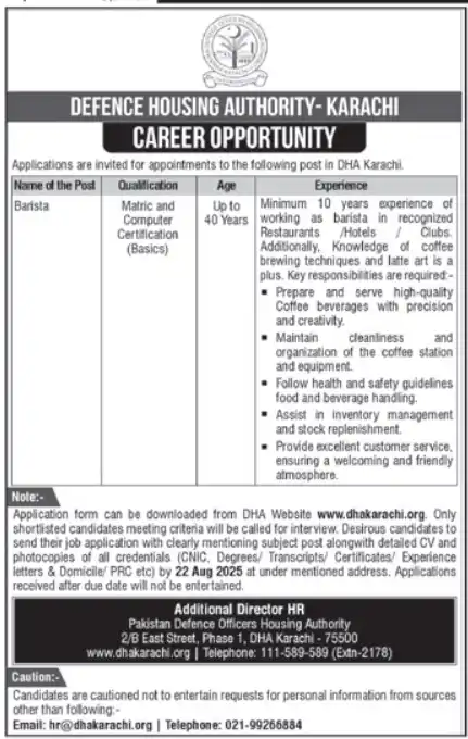 Defence Housing Authority DHA Karachi Jobs 2025 Today Advertisement
