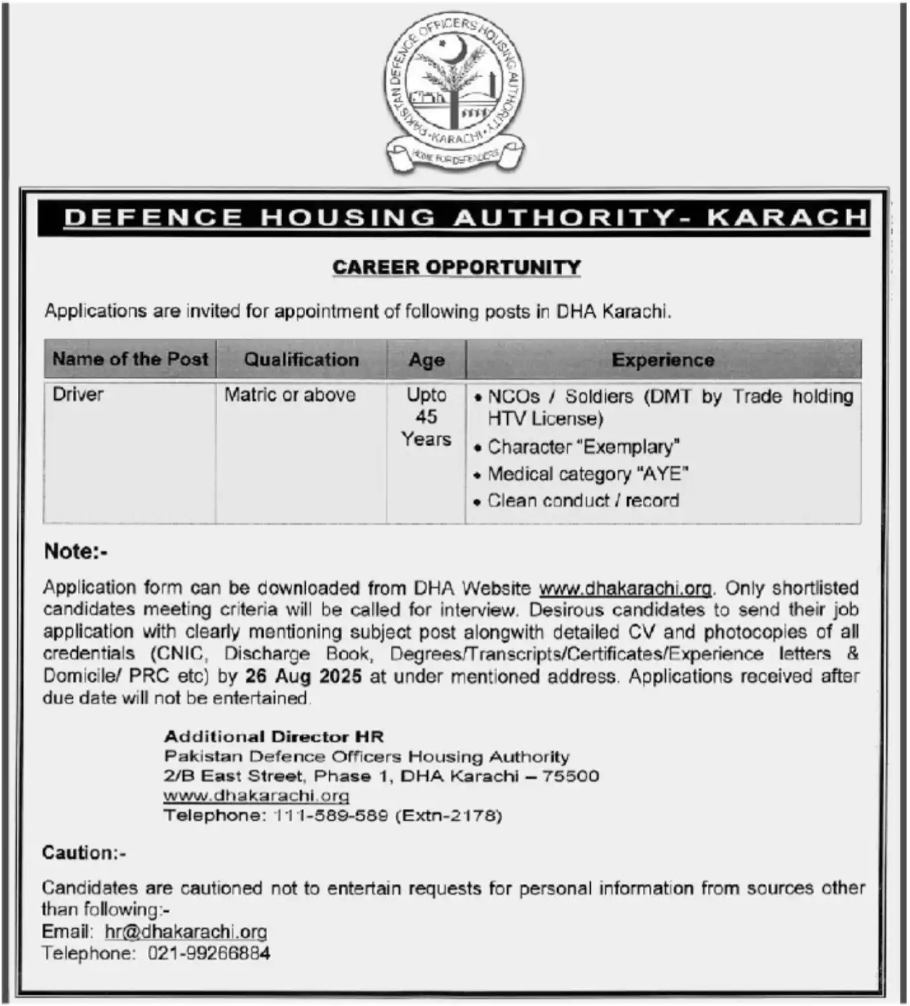 Defence Housing Authority DHA Karachi Jobs 2025 Today Advertisement