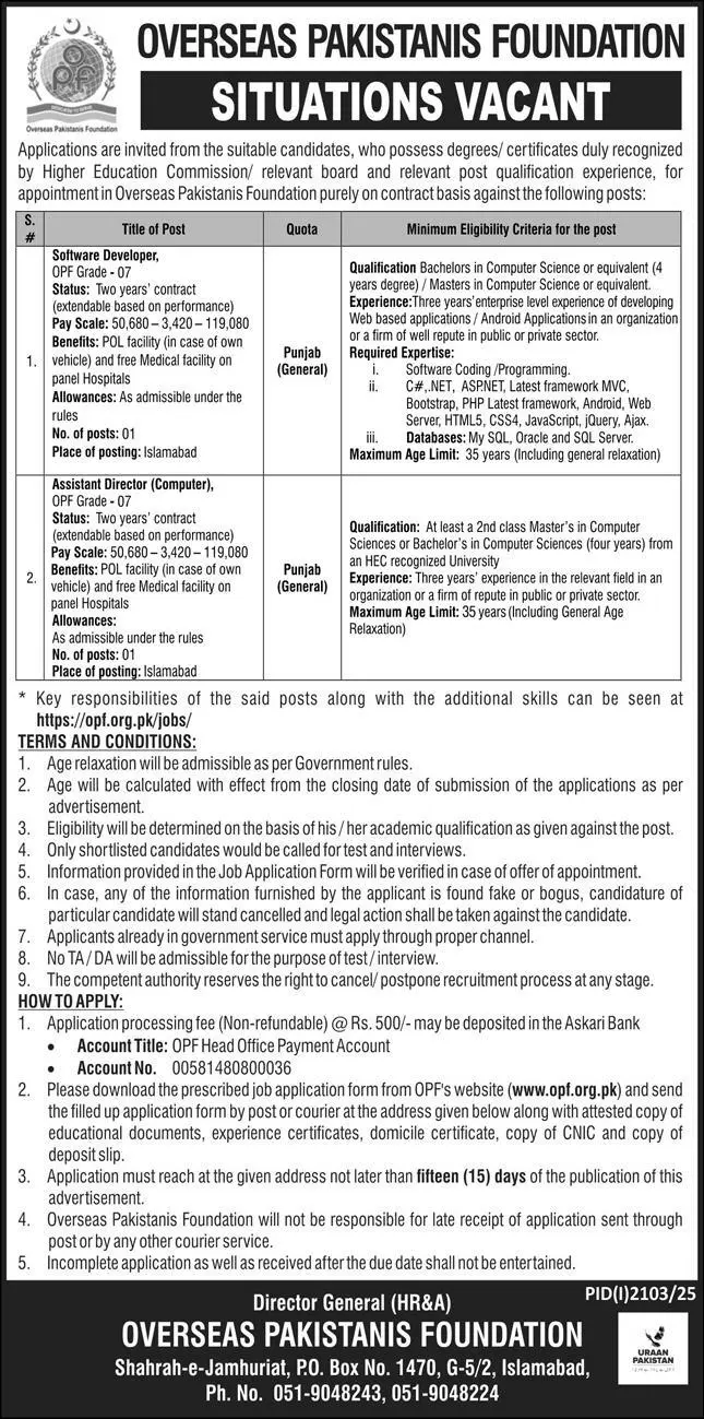 Overseas Pakistanis Foundation OPF Jobs 2025 Today Advertisement