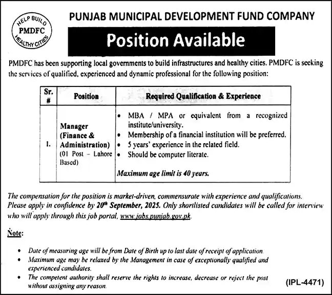 Punjab Municipal Development Fund Company PMDFC Lahore Jobs 2025 Today Advertisement