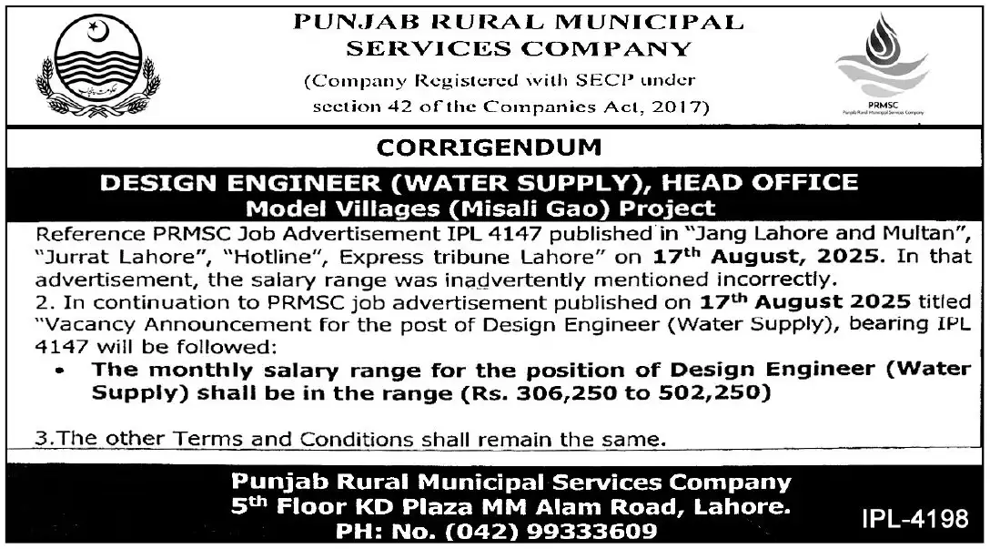 Punjab Rural Municipal Services Company PRMSC Jobs 2025 Today Advertisements