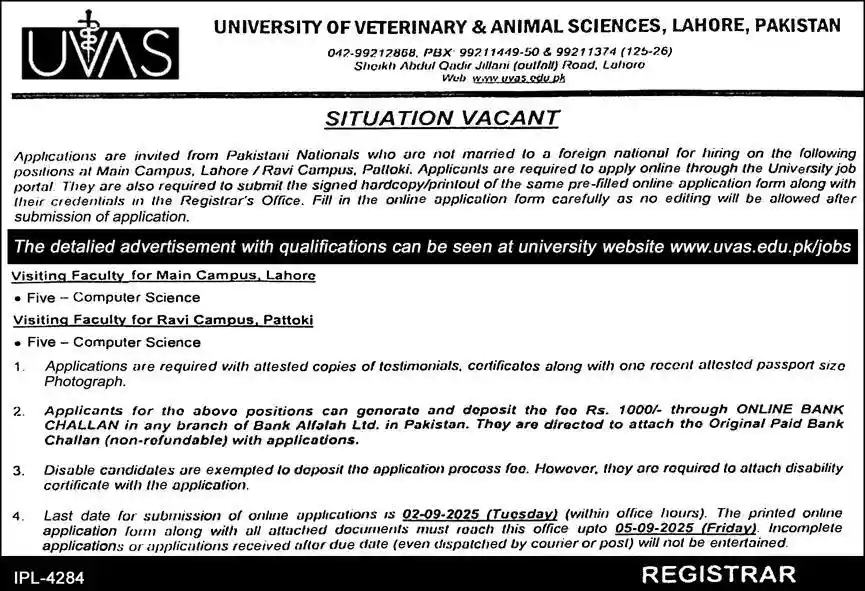 University of Veterinary & Animal Sciences UVAS Jobs 2025 Latest Advertisement